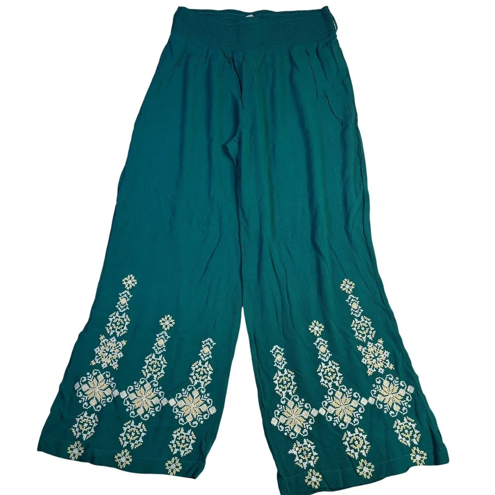 Time for Me Womens Teal Green Embroidered Wide Leg Boho Smocked Pants Large - Picture 4 of 12